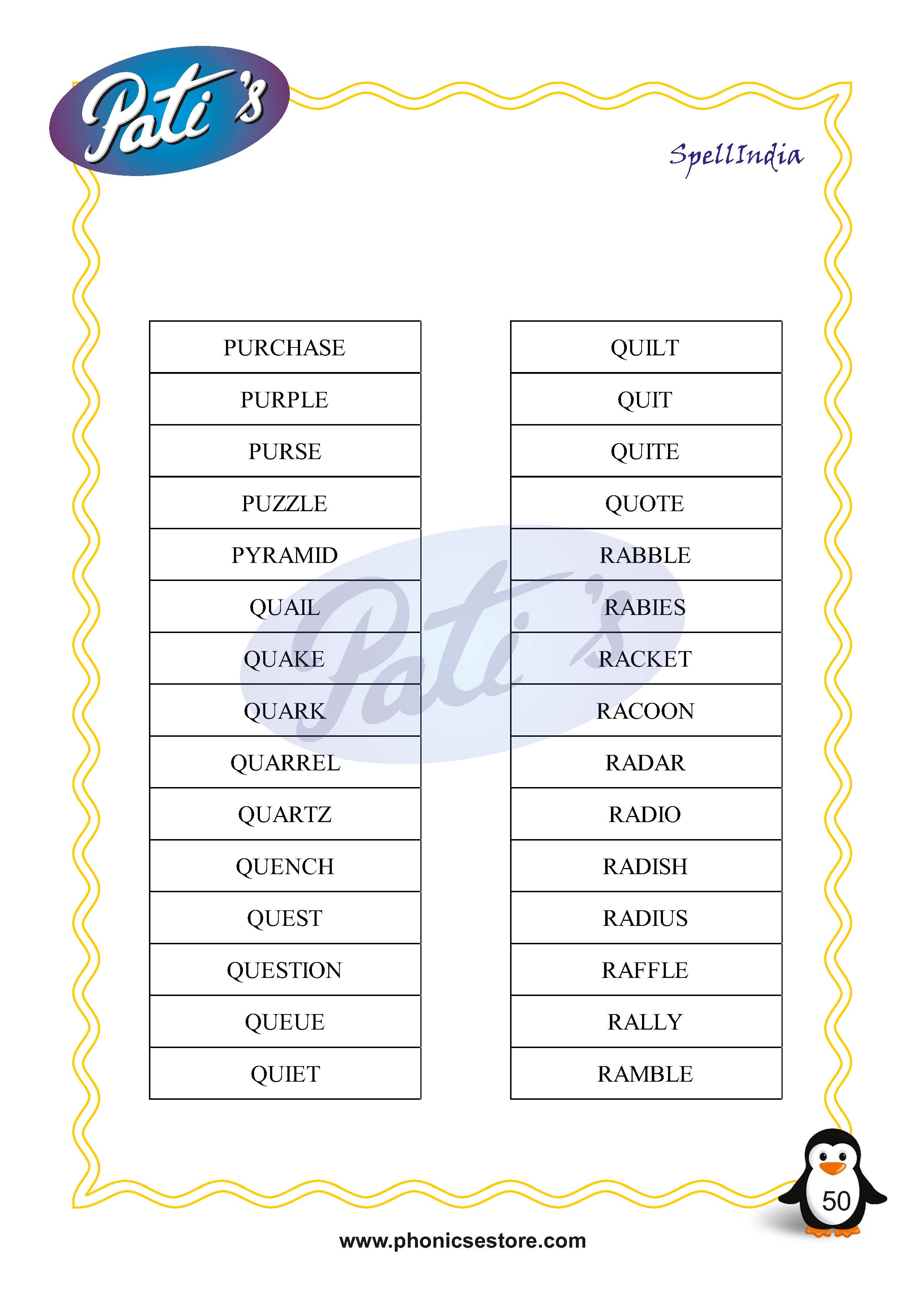 Pati Spelling Bee word list Class 3 Grade 3